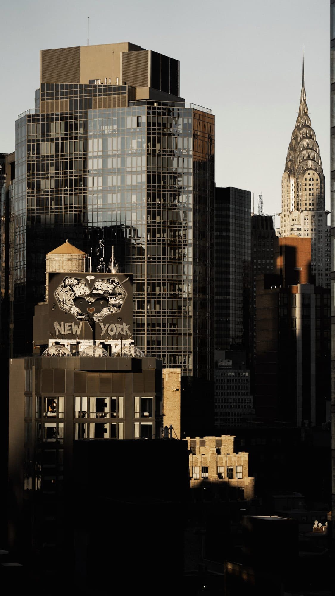 Midtown Manhattan towers and the Chrysler Building in late light